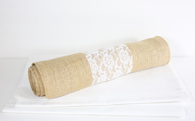 Supplies needed to make an easy burlap and lace table runner with a ruffle. virginiasweetpea.com