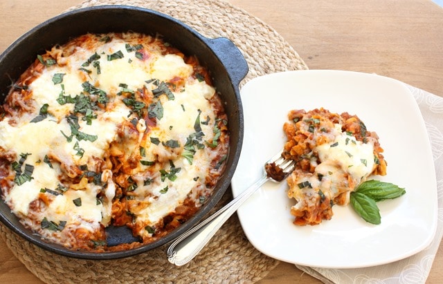 30 Minute Skillet Lasagna is the perfect weeknight meal. It's quick to make and quite tasty! Get the recipe at virginiasweetpea.com.