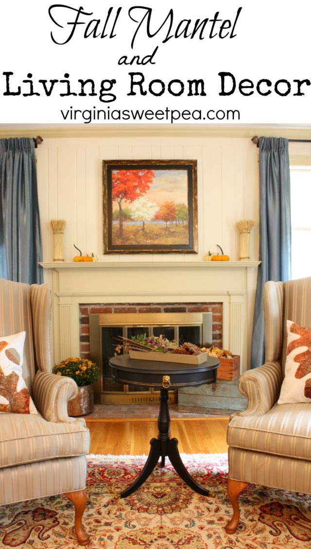 Fall Mantel and Living Room Decor - Get ideas for decorating your mantel and living room for fall. #fall #falldecor #fallvignette #falldecorating #fallmantel