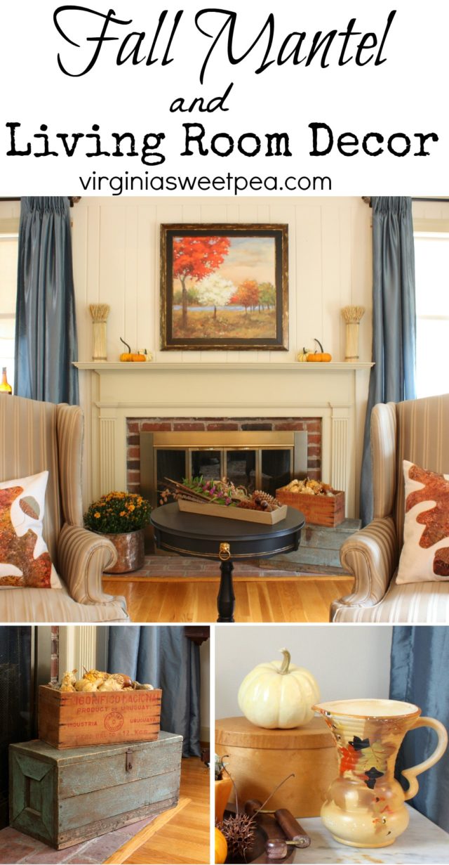 Fall Mantel and Living Room Decor - Get ideas for decorating your mantel and living room for fall. #fall #falldecor #fallvignette #falldecorating #fallmantel