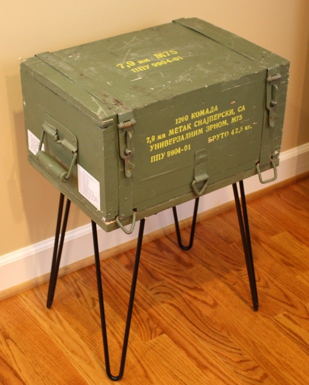 A Cold War era ammunition crate is repurposed into a table. Get the details at virginiasweetpea.com.