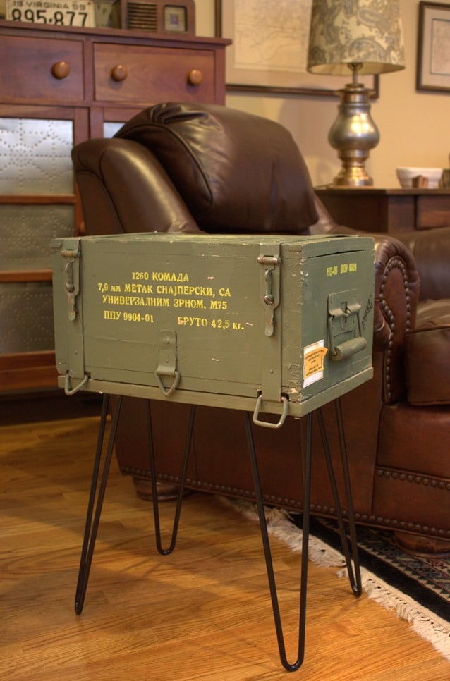 A Cold War era ammunition crate is repurposed into a table. Get the details at virginiasweetpea.com.