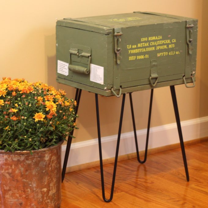 A Cold War era ammunition crate is repurposed into a table. Get the step-by-step tutorial to make one for your home. #repurpose #upcycle #repurposeproject #upcycleproject #ammunitioncrate