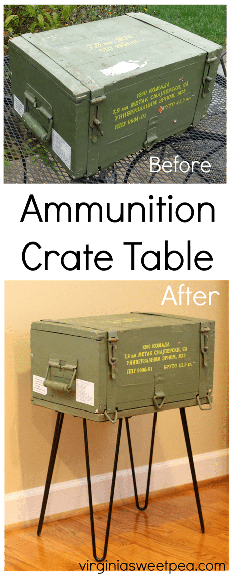 A Cold War era ammunition crate is repurposed into a table. Get the details at virginiasweetpea.com.