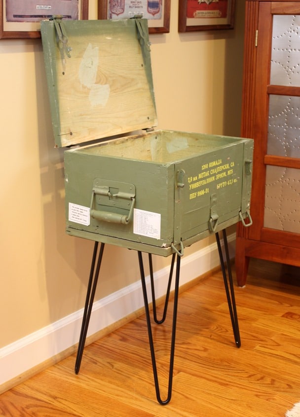 A Cold War era ammunition crate is repurposed into a table. Get the details at virginiasweetpea.com.