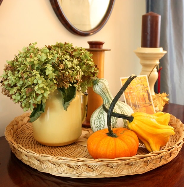 Fall Vignette with Gourds and Hydrangea I Fall Mantel and Living Room Decor - Get ideas for decorating your mantel and living room for fall. #fall #falldecor #fallvignette #falldecorating #vintage