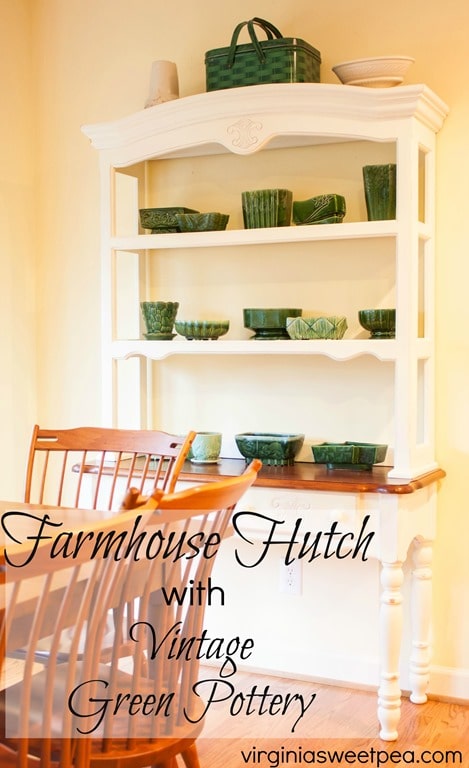 Farmhouse Hutch with Vintage Green Pottery by virginiasweetpea.com