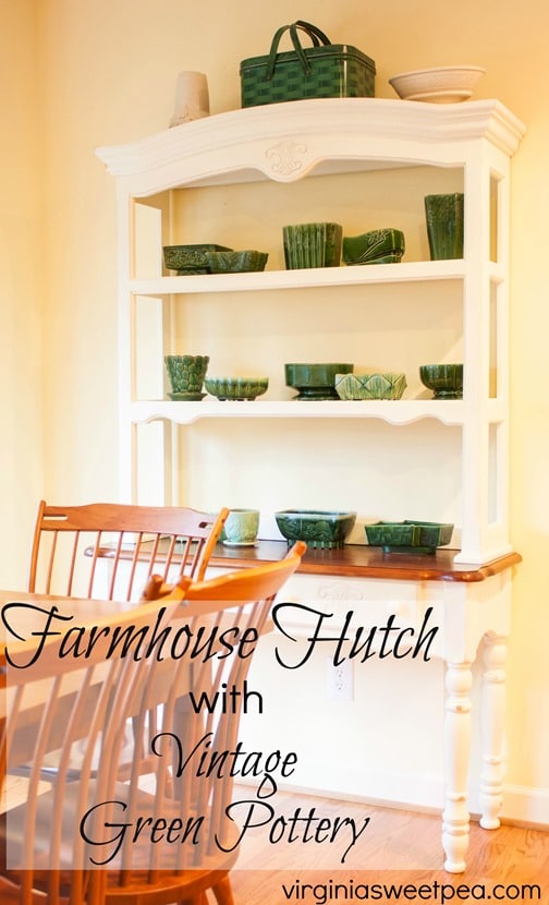 Farmhouse Hutch with Vintage Green Pottery - virginiasweetpea.com