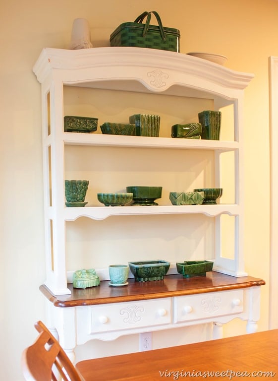 Vintage Green Pottery Displayed on a Farmhouse Hutch