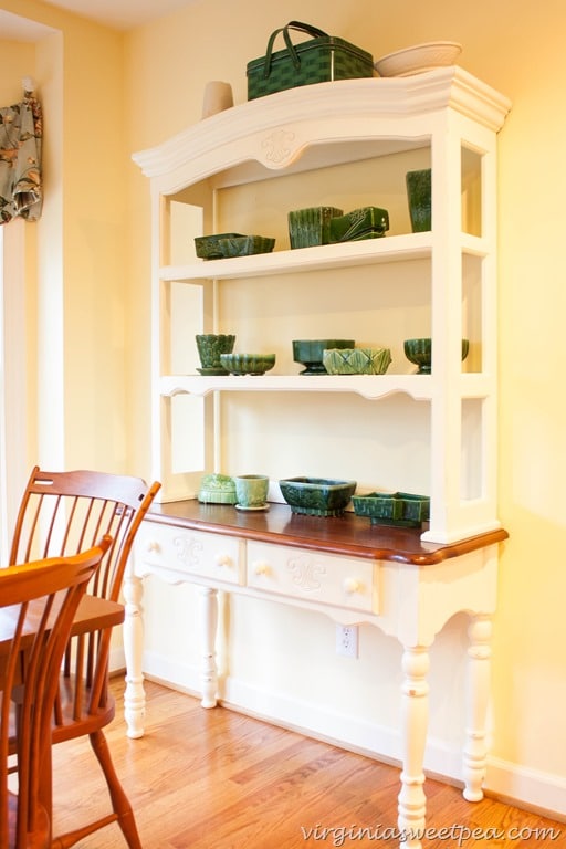 Vintage Green Pottery Displayed on a Farmhouse Hutch