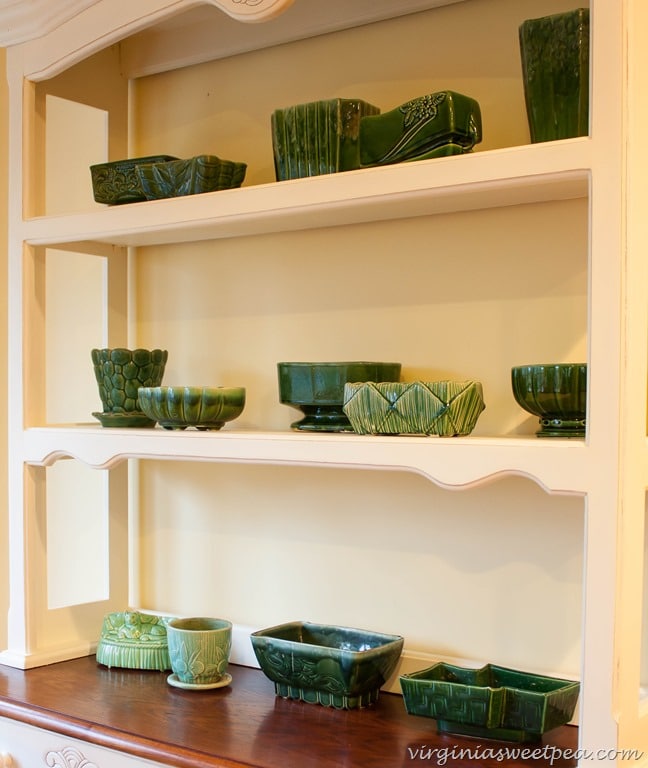 Vintage Green Pottery Displayed on a Farmhouse Hutch