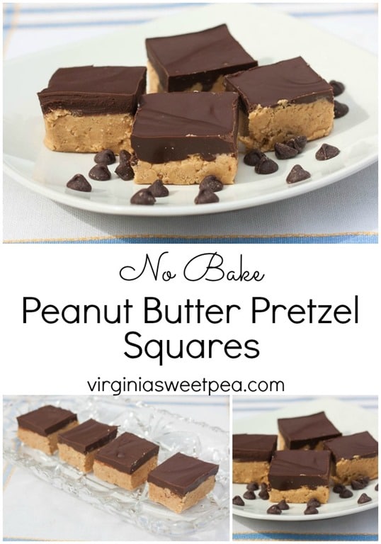 No Bake Peanut Butter Pretzel Squares - This recipe uses pretzel crumbs in the crust instead of the usual graham cracker crumbs. The combination of salty and sweet is irresistable! virginiasweetpea.com
