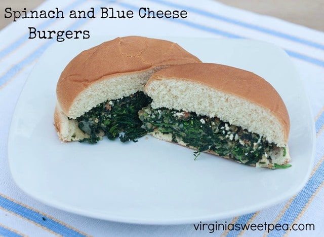 Spinach and Blue Cheese Burgers - This vegetarian burger is loaded with spinach and blue cheese and is oh-so-good. Get the recipe at virginiasweetpea.com.