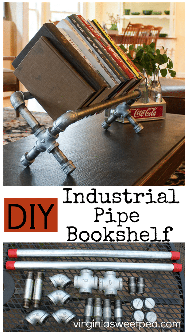 DIY Industrial Pipe Bookshelf- This bookshelf is easy to make and gives a room a cool industrial vibe. Get the tutorial at virginiasweetpea.com.