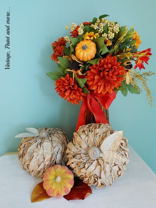 Make a Twisted Paper Pumpkin using a Dollar Store Pumpkin and Paper Bags