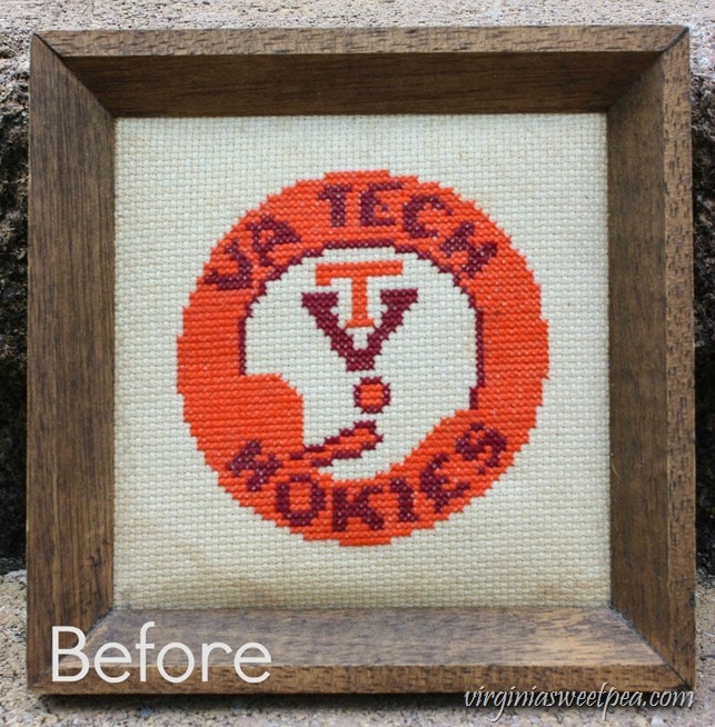 Vintage Virginia Tech Hokies Cross Stitch Before Cleaning - See how to clean a dirty cross stitch like this one. - Get the step-by-step tutorial at virginiasweetpea.com Vintage Virginia Tech Hokies Cross Stitch Before Cleaning - virginiasweetpea.com