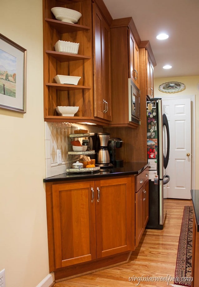 Vintage Style Coffee Station - A wire baked goods rack is used to hold coffee making supplies. virginiasweetpea.com