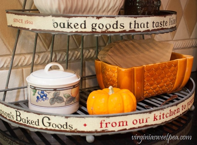 Vintage Style Coffee Station - A wire baked goods rack is used to hold coffee making supplies. virginiasweetpea.com