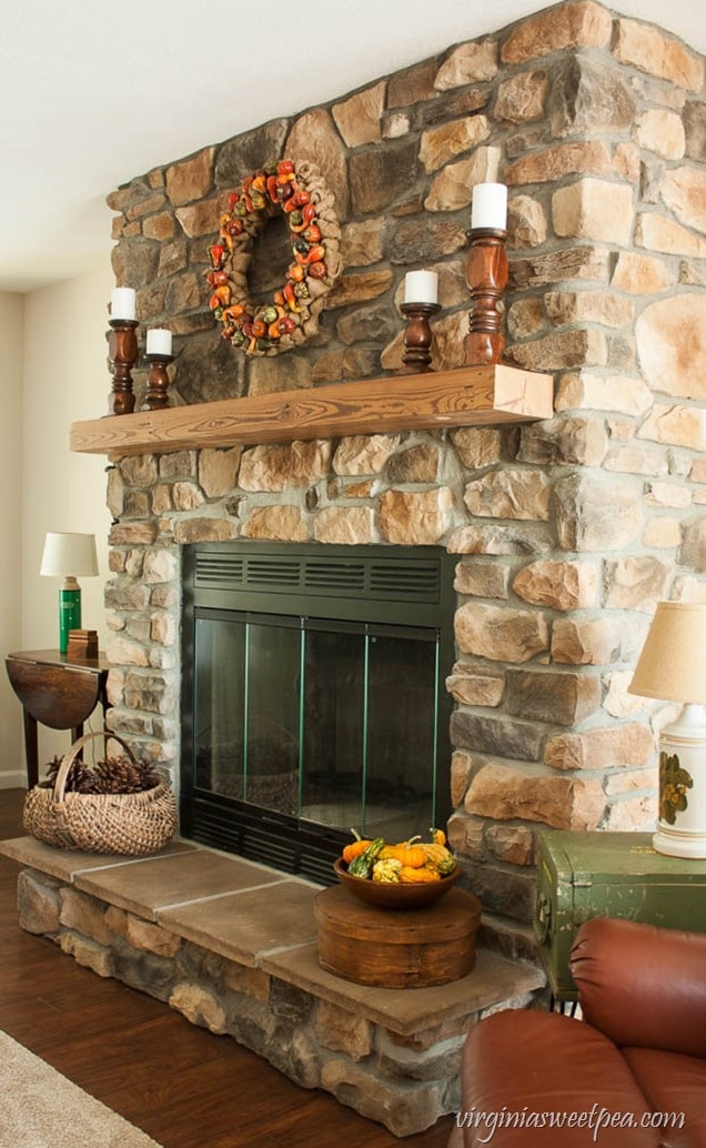 Fall Mantel with Candlestick Holders Made from Bedposts - virginiasweetpea.com