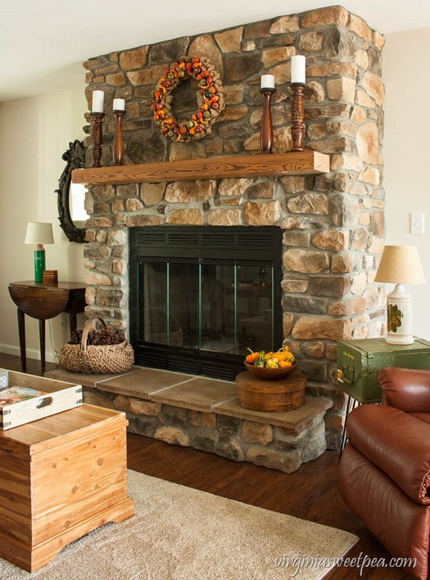 Fall Mantel with Candlestick Holders Made from Bedposts - virginiasweetpea.com