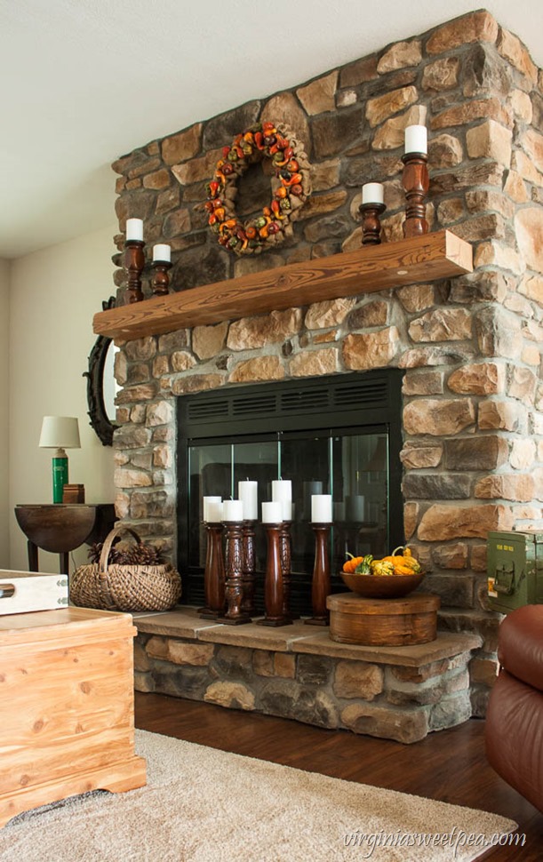 Fall Mantel with Candlestick Holders Made from Bedposts - virginiasweetpea.com