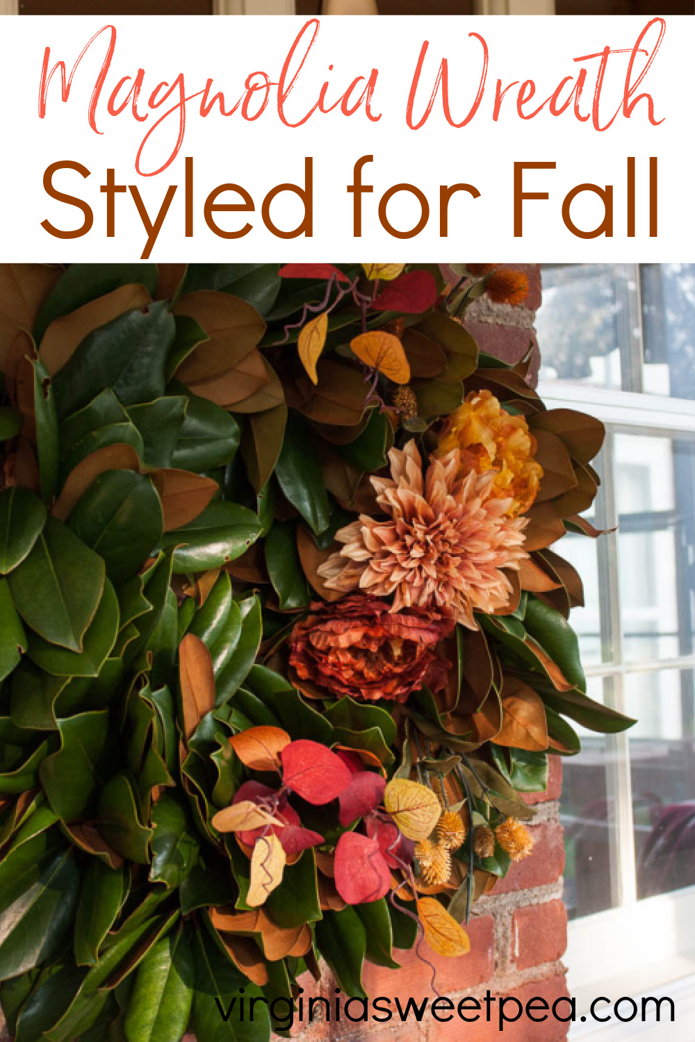 Handmade Magnolia wreath decorated with fall florals