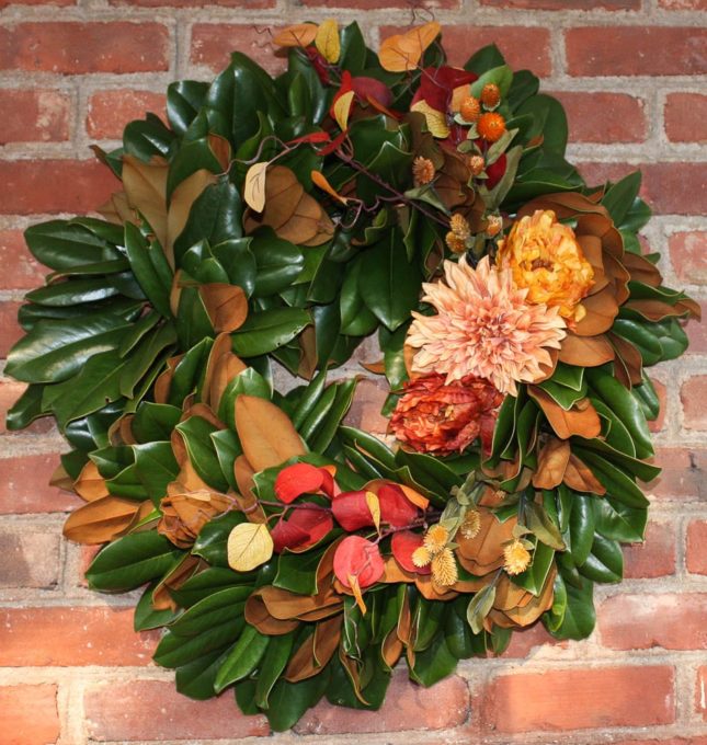DIY Magnolia Wreath Styled for Fall - Learn how to make a wreath like this one for your home. virginiasweetpea.com
