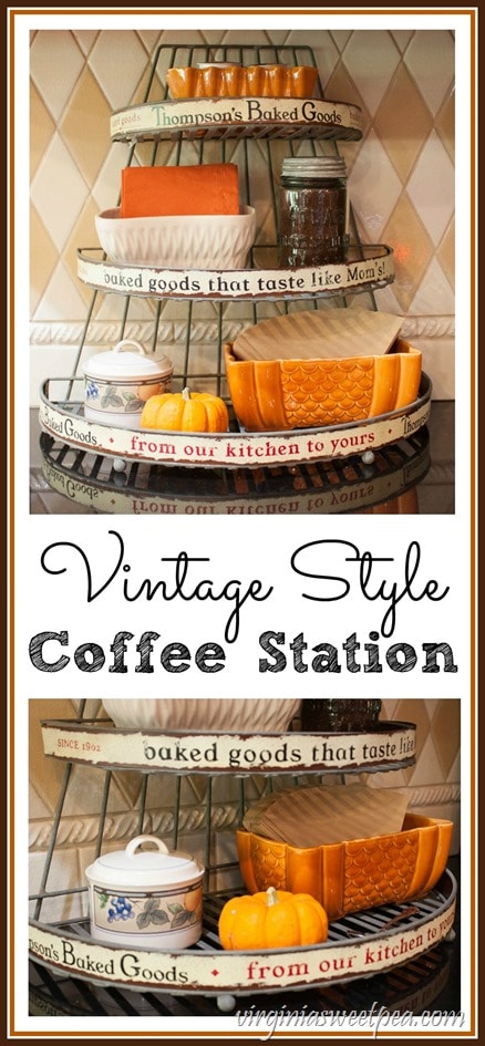 Vintage Style Coffee Station - A wire baked goods rack is used to hold coffee making supplies. virginiasweetpea.com