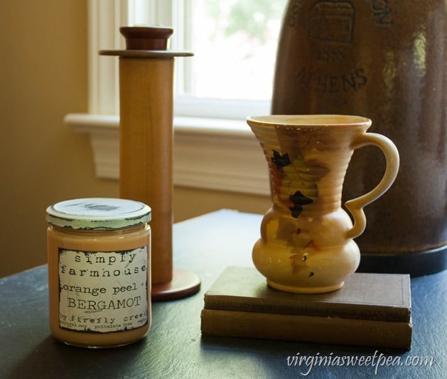 Fall Vignette with a Vintage Spool, Pitcher, and Books - virginiasweetpea.com