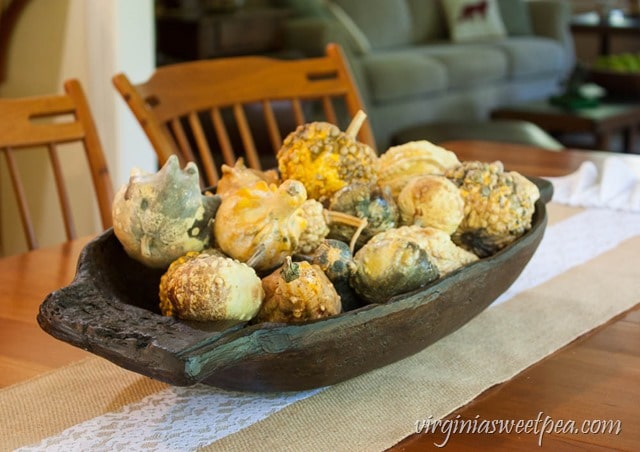 Dried Gourds in a Dough Bowl make a Beautiful Fall Centerpiece - virginiasweetpea.com