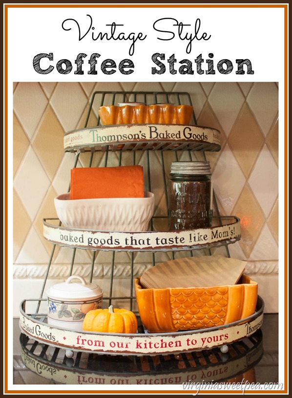 Vintage Style Coffee Station - A decorated for fall wire baked goods rack is used to hold coffee making supplies. virginiasweetpea.com