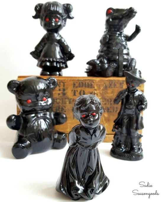 Thrift Shop Figurines Repurposed into Halloween Decor