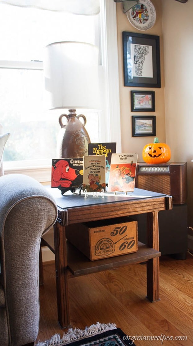 Halloween decor featuring vintage children's books