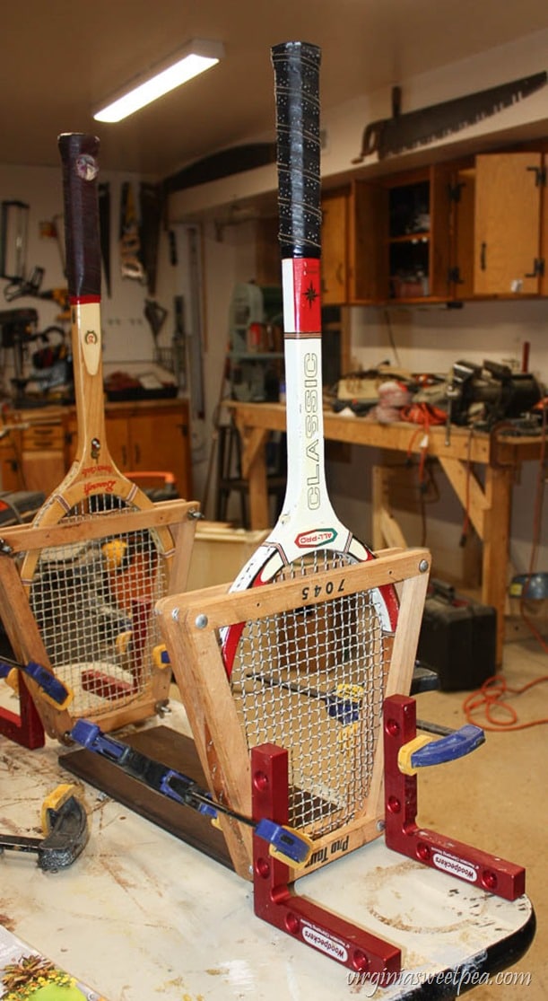 Step-by-Step Tutorial for Making a Basket Using Two Vintage Tennis Rackets - virginiasweetpea.com