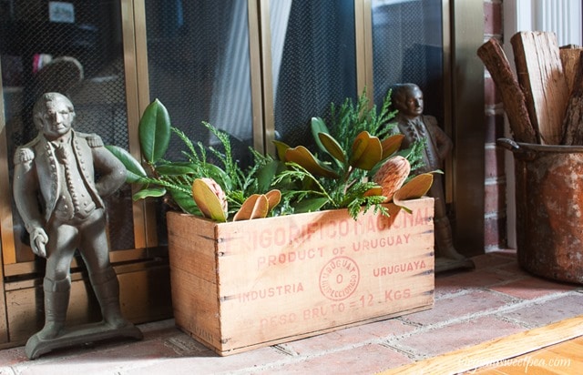 Vintage Box filled with Greens with Vintage George Washington Andirons - virginiasweetpea.com