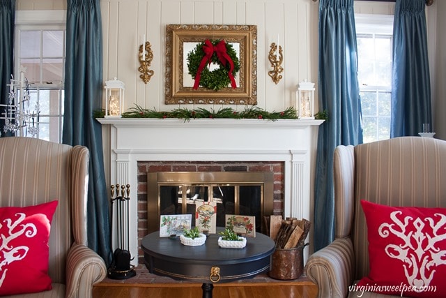 Christmas Living Room - Mantel decorated with DIY Wood Lanterns - virginiasweetpea.com