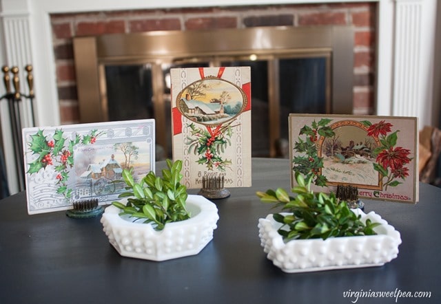 Vintage Christmas Post Cards with Milk Glass Ash Trays - virginiasweetpea.com