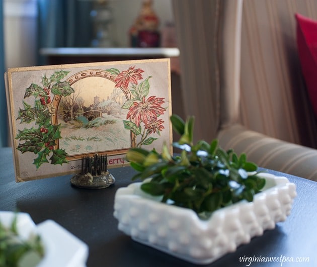 Vintage Christmas Post Card with Milk Glass Ash Trays - virginiasweetpea.com