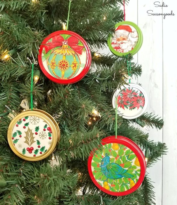 Christmas Ornaments Made with Canning Supplies and Vintage Wrapping Paper