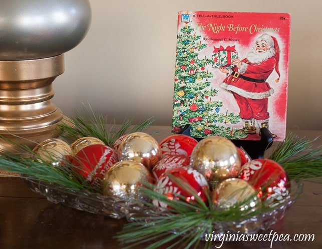 1976 Night Before Christmas Book with a Tray of vintage ornaments - virginiasweetpea.com