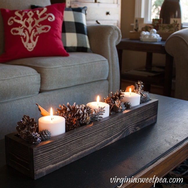 DIY Wood Box filled with candles and glittered pine cones. - virginiasweetpea.com