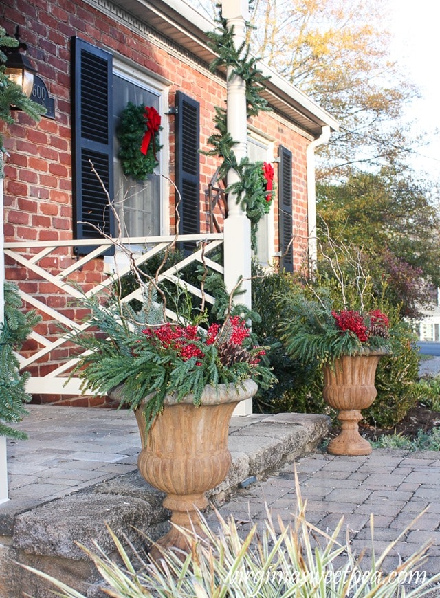 Outdoor Planters Decorated for Christmas