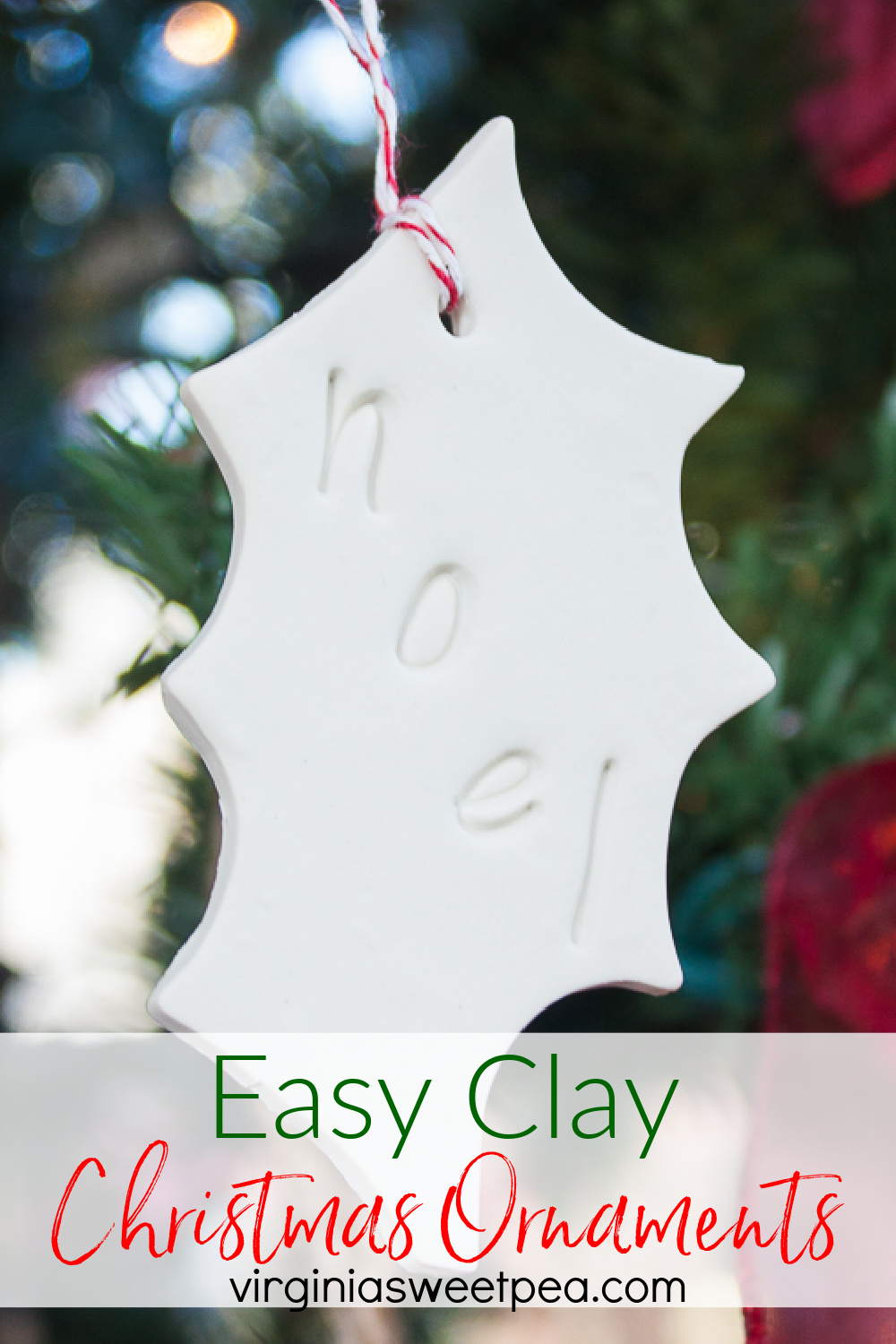 Clay Christmas ornament holly shaped with noel stamped on it.