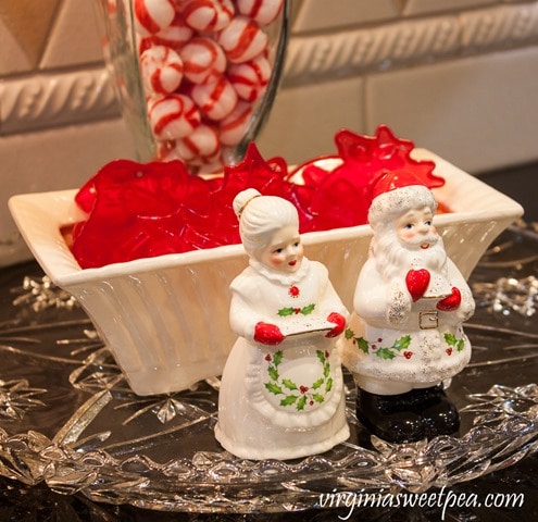 Lenox Holiday Santa and Mrs. Clause Salt and Pepper Shakers in a Christmas Vignette - Vintage Christmas Vignette - See a kitchen decorated for Christmas with vintage finds. virginiasweetpea.com