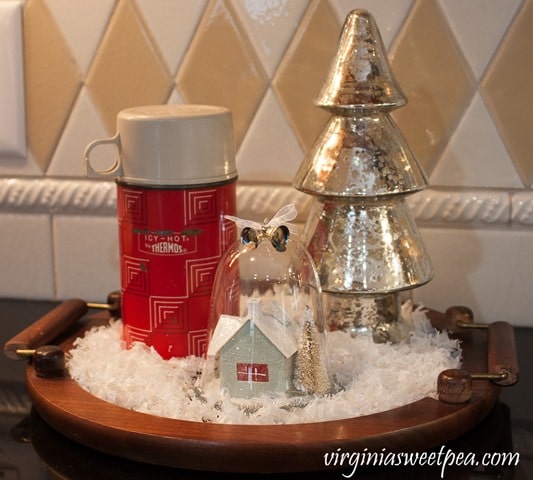 Red Thermos in a Christmas Kitchen - Vintage Christmas Vignette - See a kitchen decorated for Christmas with vintage finds. virginiasweetpea.com