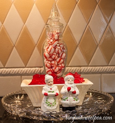 Lenox Holiday Santa and Mrs. Clause Salt and Pepper Shakers in a Christmas Vignette - Vintage Christmas Vignette - See a kitchen decorated for Christmas with vintage finds. virginiasweetpea.com