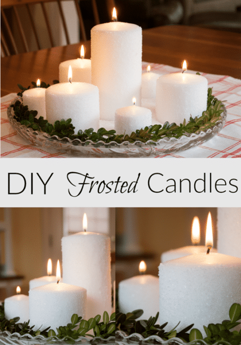 Easy Frosted Candle Centerpiece - Learn how to make your own frosted candles to use in a centerpiece. virginiasweetpea.com #centerpiece #candles #frostedcandles