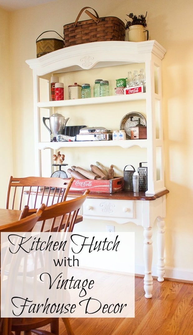 Kitchen Hutch Styled with Vintage Farmhouse Decor - Vintage farmhouse style kitchen decor fills a kitchen hutch. virginiasweetpea.com