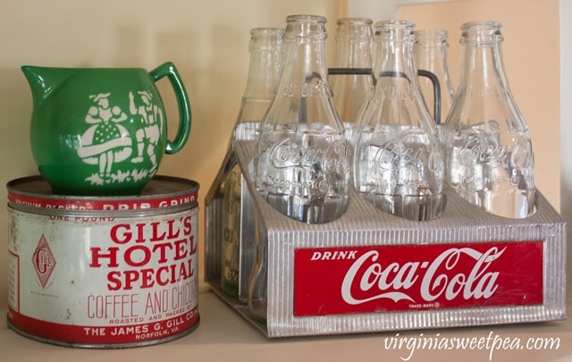 Vintage Coca-Cola Drink Caddy with a Czechoslovakian Pitcher and Gills Hotel Special Coffee and Chicory Tin from Norfolk, VA - virginiasweetpea.com