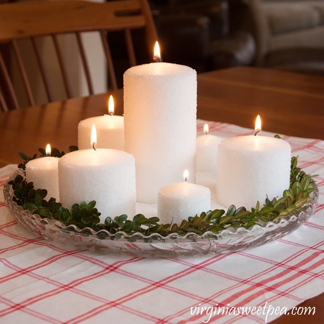 Easy Frosted Candle Centerpiece - Learn how to frost candles with this easy tutorial. virginiasweetpea.com #candles #candletutorial #diycandles #craft